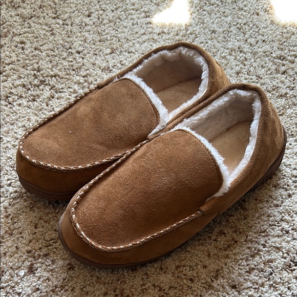 Men's Tan Suede Moccasin Slippers - Picture 1 of 9